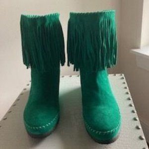 Green Suede Boots with Fringe